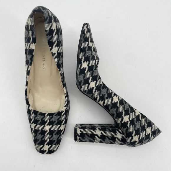 Colin Stuart Size 6.5 Houndstooth High Heels Black Gray Square Toe Fabric Upper - Picture 1 of 9